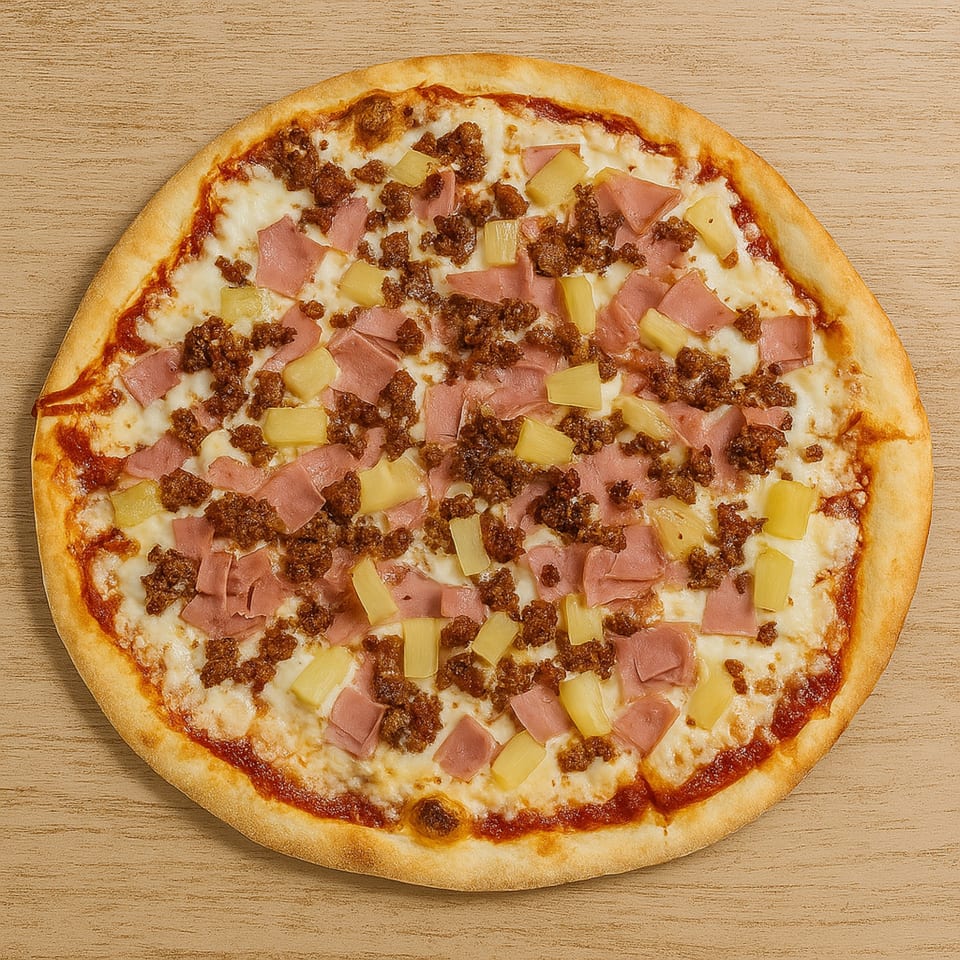 Roma Pizza's Hawaiian pizza with ham, pineapple, and ground beef on a wooden surface.