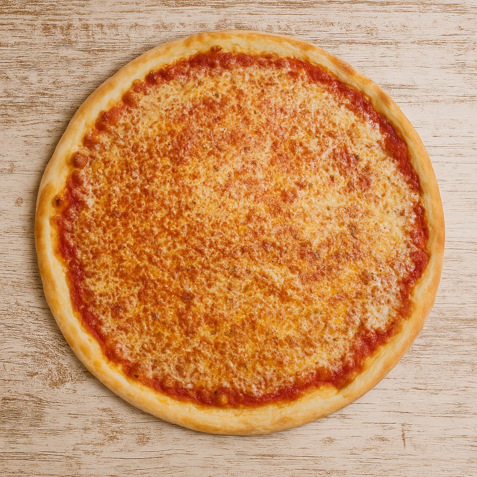 A classic Roma Pizza cheese pizza with a golden crust on a rustic wooden surface.