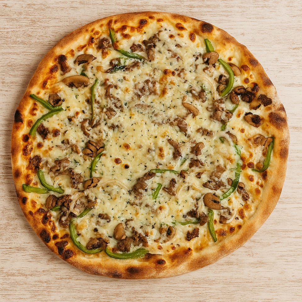 Roma Pizza's white pizza with mushrooms, green peppers, and ground meat on a light wooden surface.