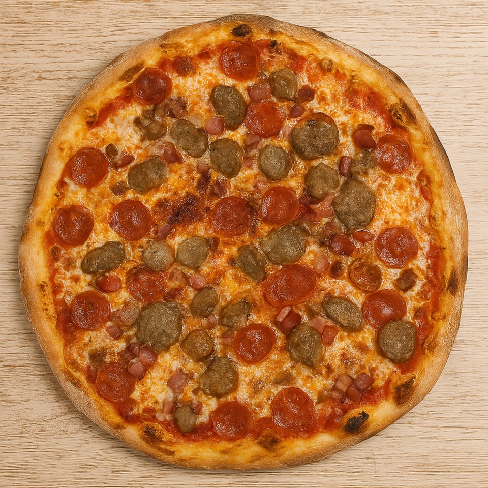 A whole Roma Pizza with pepperoni, sausage, and ham on a light wooden surface.