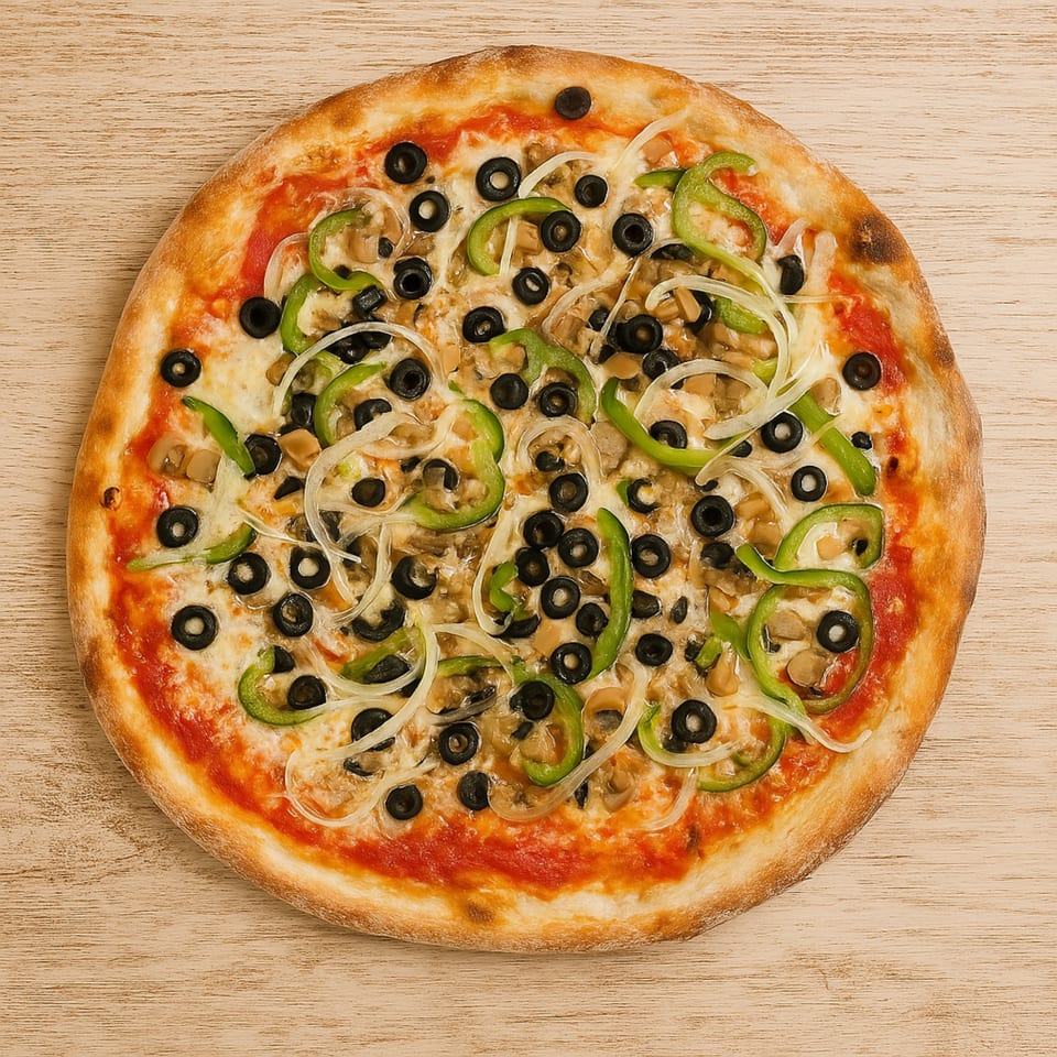 Roma Pizza's vegetarian pizza with olives, green peppers, onions, and mushrooms on a wooden table.